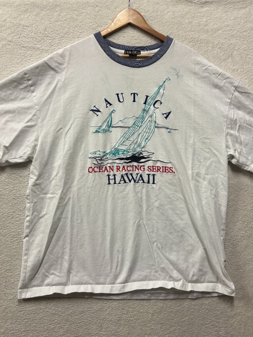 Nautica Shirt Mens 2XL White Ocean Racing Series Hawaii Graphic Tee Embroidered,